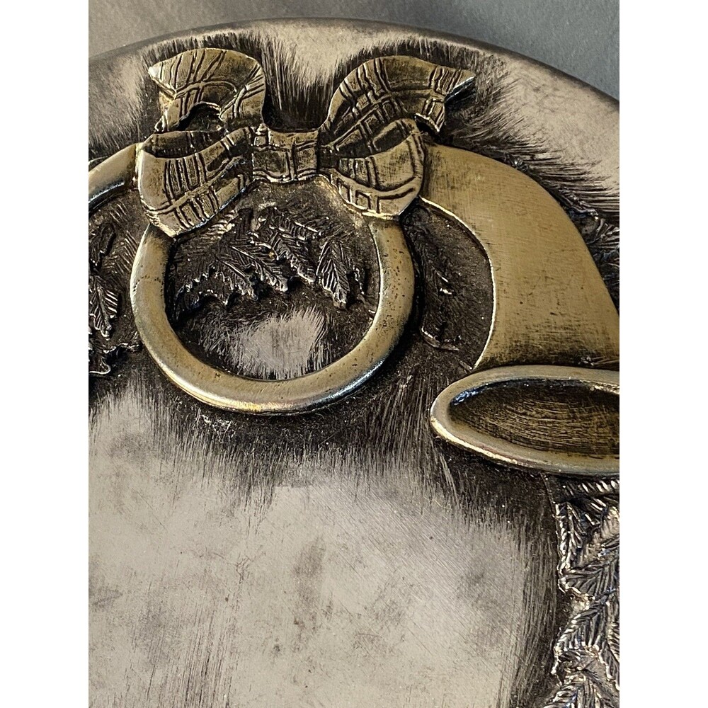 Vintage Metzke Christmas Tin Pewter Wreath Horn Trumpet Candy Cookies Round 8”